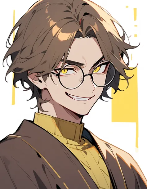 Half Body, One Adult Man, Brown Hair, Short Hair, Topaz Yellow Eyes, Round Glasses , Wearing Shaman Plain Brown Robe, Villain Vibes, Smirk 