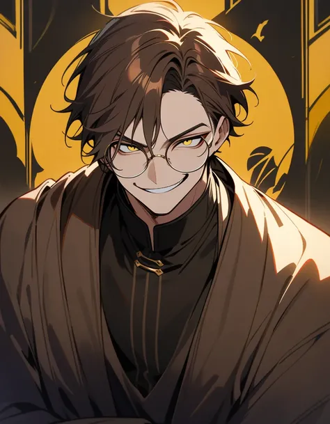 Half Body, One Adult Man, Brown Hair, Short Hair, Topaz Yellow Eyes, Round Glasses , Wearing Shaman Plain Brown Robe, Villain Vibes, Smirk 