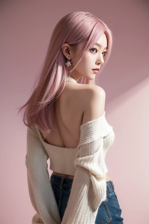 Japanese beauty,(Pink Ash Hair),Long Hair,Wavy Hair,Single knot, Model body type, Normal chest, Bell sleeve sweater,Short hot pants, Soft Landscape, Key Light,Lots of earrings,Punk Fashion,Body Piercing,Face light,Ear cuff,Symmetrical eyes,Eye contact, Loo...