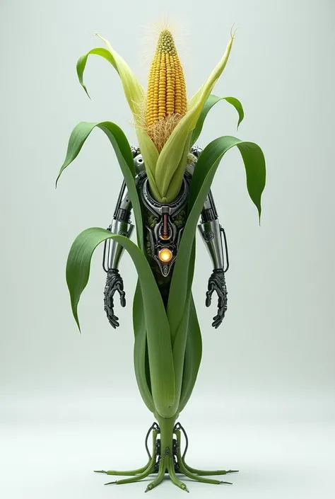 corn plant, with large ears, mixed with biotechnology, metal full body, Against a pure light gray background, A mixture of biology and machinery, Complex and precise internal structure, Metallic luster, Circuit emitting light, a transparent mechanical, ray...