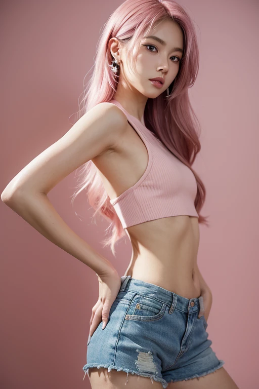 Japanese beauty,(Pink Ash Hair),Long Hair,Wavy Hair,A low ponytail, Model body type, Normal chest, Shrine maiden,Short hot pants, Soft Landscape, Key Light,Lots of earrings,Punk Fashion,Body Piercing,Face light,Ear cuff,Symmetrical eyes,Eye contact, Lookin...