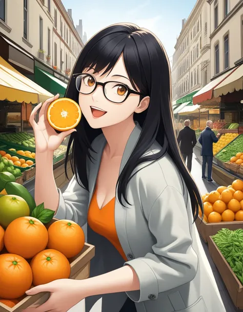 Prompt:
"A beautiful girl with long black hair and glasses is holding a very realistic sweet orange in one hand, depicted in a style that whets the appetite. She has an ecstatic expression as if she is about to eat it, striking a cool pose. In the backgrou...