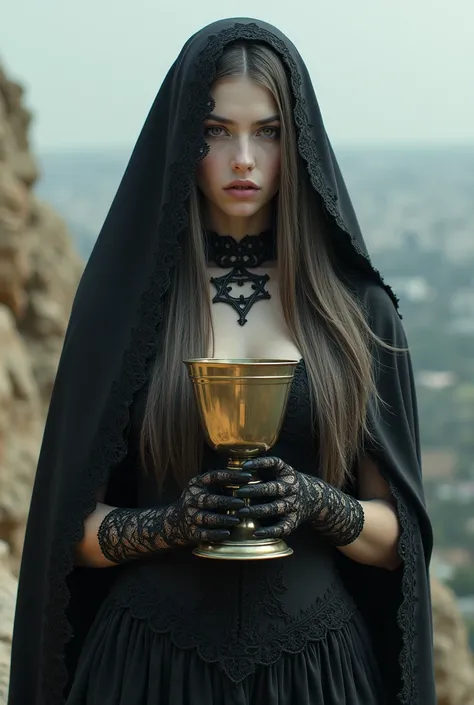 Mount of Olives, Sexy goth, with a fine, embroidered cloak over her head.  lips parted. blush. very long hair. pale skin. Sensual openwork lace. lace gloves, Lace choker. With the holy grail, on a sacred rock. High resolution, Masterpiece, necessary, Award...