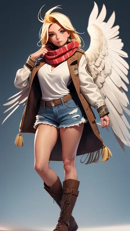 USA (White-headed Eagle) A girl with an athletic build, shiny blond hair, dressed in denim shorts and cowboy boots. On her head is a white eagle head with penetrating eyes and a proud beak. An American flag scarf is tied around her neck. Her pose is dynami...