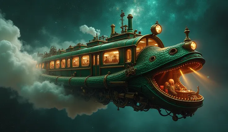 
A steampunk green snake that is actually a train flies through space. On the side there are illuminated windows through which you can see people sitting at tables.