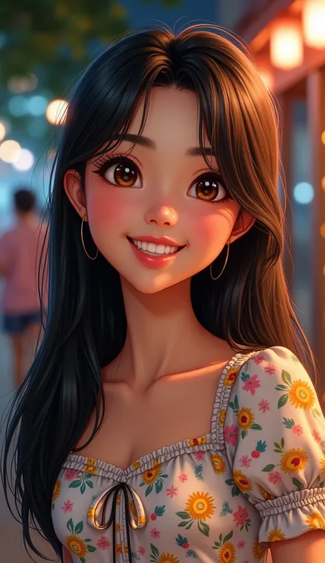 Detailed and realistic portrait of a young woman with a happy and friendly expression. Your skin has a warm and even tone., reflecting a light tan. His face is rounded, with full cheeks that are accentuated when she smiles, giving it a youthful appearance....