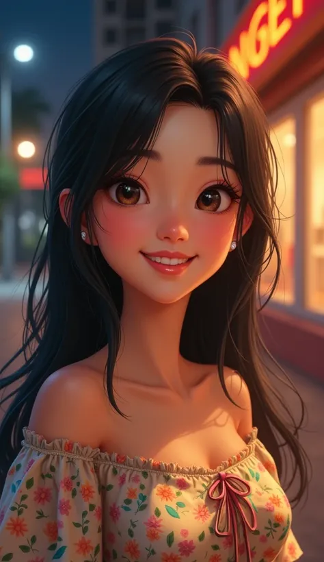 Detailed and realistic portrait of a young woman with a happy and friendly expression. Your skin has a warm and even tone., reflecting a light tan. His face is rounded, with full cheeks that are accentuated when she smiles, giving it a youthful appearance....