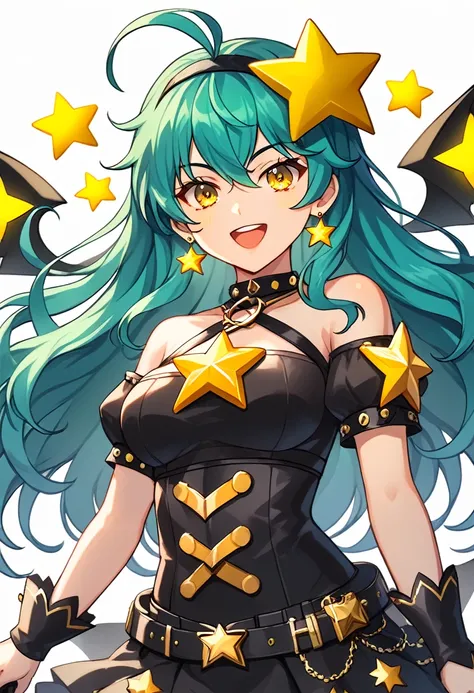 Girl with long dark turquoise hair, yellow eyes, yellow star pin in her head in a 80s anime