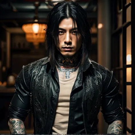 1 man, japanese man, male, asian eyes, muscular, broad shoulders, yakuza tattoos, hairstyle visual kei style, hair visual kei, b...