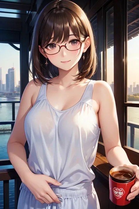 my grandmother、Shiny brown hair, Short Hair, (Beautiful brown eyes、Sparkling eyes, Fine grain)、smile、Ultra-detailed eyes、Highly detailed face, Highly detailed eyes,Cowboy Shot、



Realistic Photo Cute Girl, Wearing a white tank top and pajamas and glasses、...