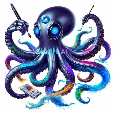 octopus with a paintbrush and a paint can with a paintbrush in its mouth, cyborg octopus, anthropomorphic octopus, super nova octopus, tentacled creature mix, robotic octopus, full color digital illustration, cthulhu squid, ai assisted digital painting, di...