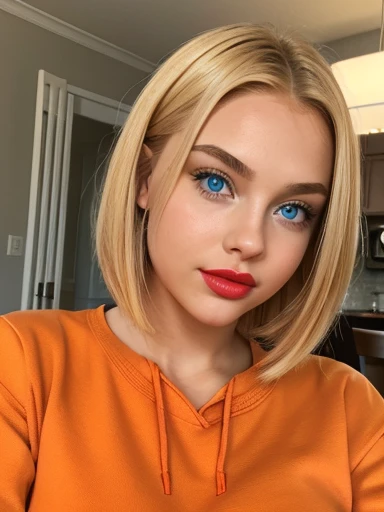 Cru, d41z13,  (teenage woman), Perfect face, Awesome eyes, blue eyes, candida, amateur, at home in the dining room during the day, (orange sweatshirt), natural skin, (blonde hair) (thick lips) (short hair) (straight hair), (red lipstick) (huge breasts: 1.0...