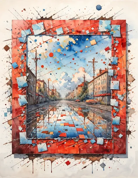 Watercolor painting of a surrealist picture, square shape, dashes and lines, Canvas picture, Colors: rot, braun, Broken like a mirror 