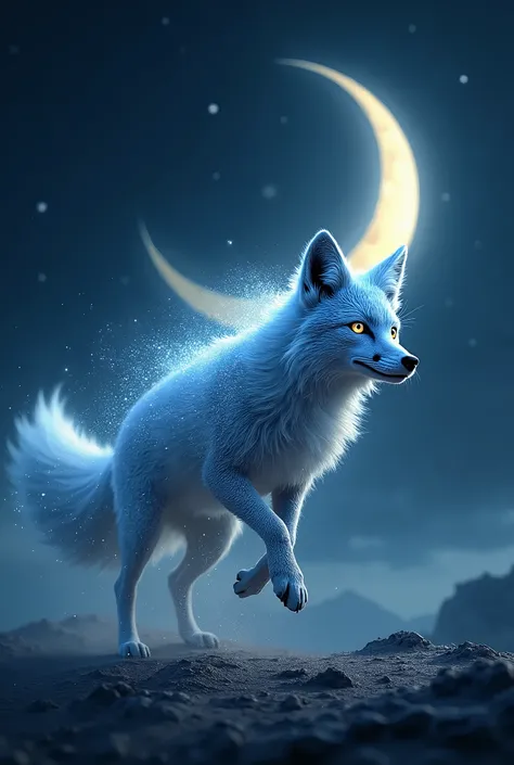 A mystical fox with fur made of stardust and moonlight, running across a night sky illuminated by a glowing crescent moon.