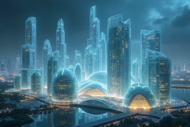 A futuristic city made entirely of transparent glass buildings, illuminated from within by soft, glowing lights that give the skyline an ethereal quality.