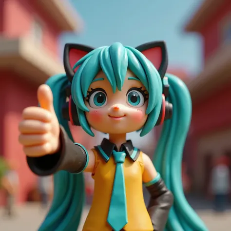 ((Clay Animation))，(masterpiece：1.1),Little Hatsune Miku greets the camera wearing cat-shaped headphones，1 hand raised to make 👍 a gesture，On stage，