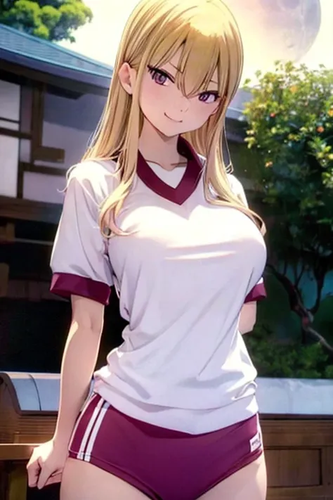 ftselenekim, pink eyes, mature female, blonde hair, japan school gym uniform, ftselenecas, pink eyes, blonde hair, maturefemale, moon , big chest, calm smile, perfect waist