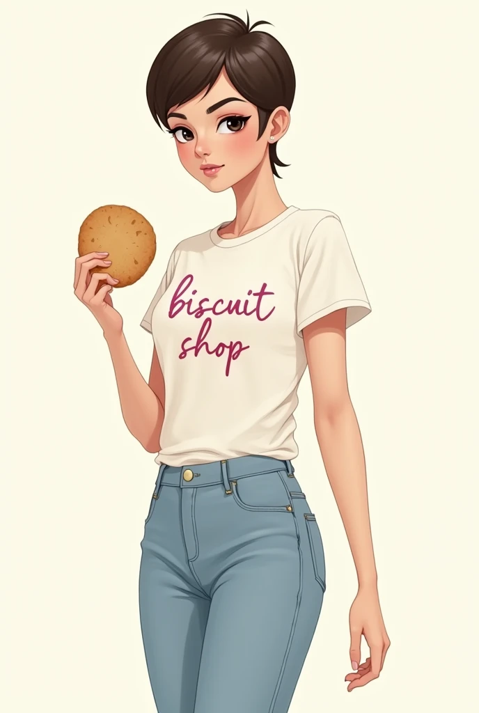 A drawing of a thin brunette woman,  very short hair, modern cut with a buzzed nape, with a t shirt written in pink and in Portuguese, Biscuit shop It&#39;s a biscuit, She has a butter cookie in her hand, jeans and sneakers