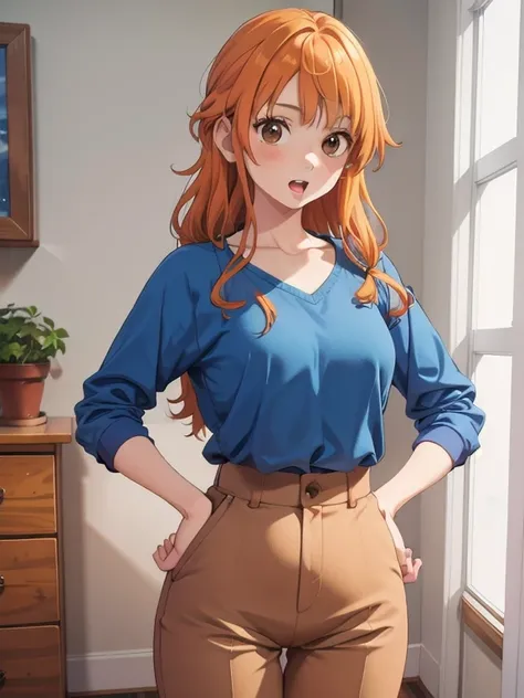 1girl, orange hair, brown eyes, long hair, blue shirt, raglan sleeves, brown pants, solo, Masterpiece, beautiful art, professional artist, 8k, very detailed face, very detailed hair, very long hair, mouth open, hands on hips, collarbone, mouth open,score_9...