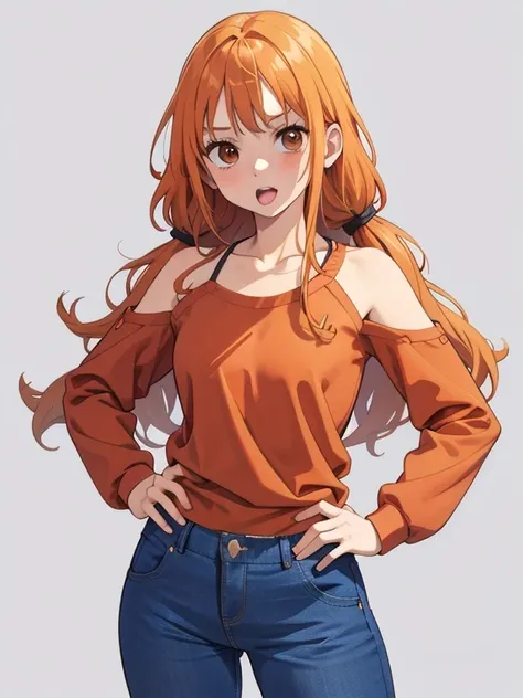 1girl, orange hair, brown eyes, long hair, blue shirt, raglan sleeves, brown pants, solo, Masterpiece, beautiful art, professional artist, 8k, very detailed face, very detailed hair, very long hair, mouth open, hands on hips, collarbone, mouth open,score_9...