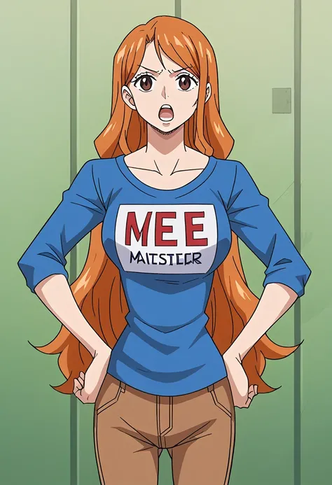 1girl, orange hair, brown eyes, long hair, blue baseball shirt, raglan sleeves, brown pants, solo, Masterpiece, beautiful art, professional artist, 8k, very detailed face, very detailed hair, very long hair, mouth open, hands on hips, collarbone, mouth ope...