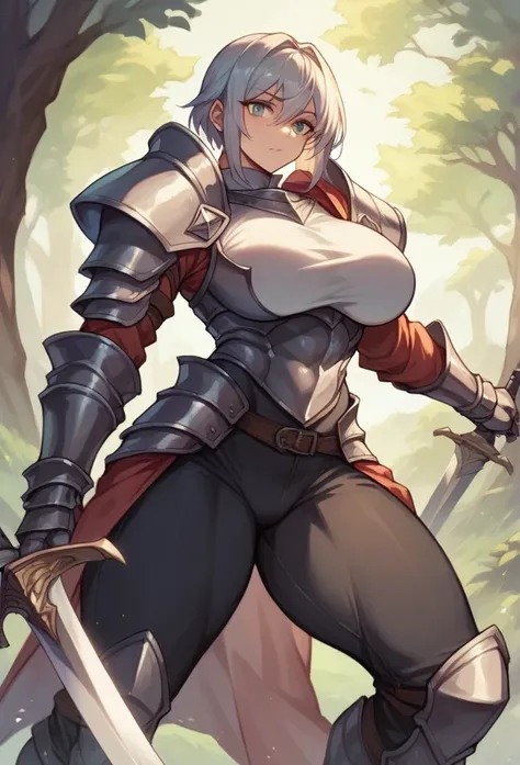 muscular, girl knight in armor, fantasy, two-handed sword in hands, big breasts, tight pants on legs