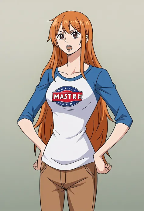 1girl, orange hair, brown eyes, long hair, blue baseball shirt, raglan sleeves, brown pants, solo, Masterpiece, beautiful art, professional artist, 8k, very detailed face, very detailed hair, very long hair, mouth open, hands on hips, collarbone, mouth ope...