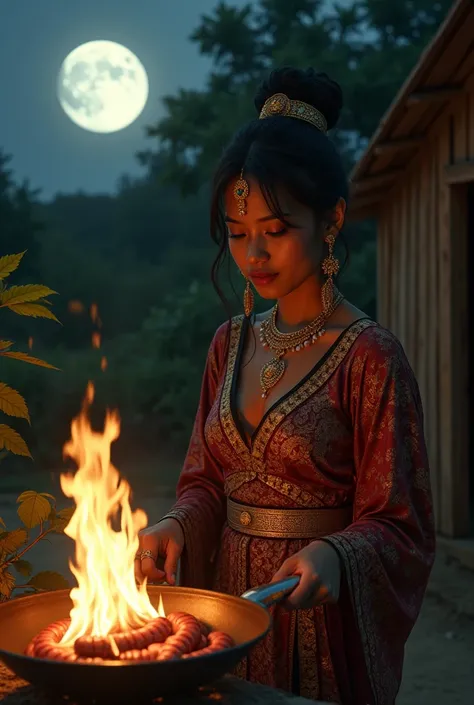 Sexy burmese witch grilling sausages on a metal frying pan heat by fire logs beside a tiny wood hut at the midst of bright lunar nighttime, hyper-realism photo