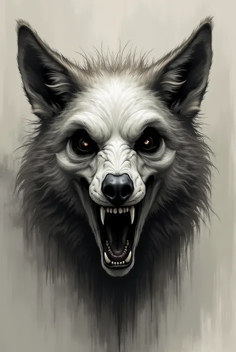 A highly detailed **illustration portrait** of a **wolf-lamb hybrid** with an eerie, **skull-like face**. The composition features a **gray theme** with an intense expression of a **scream**, and **empty eyes** that add to the haunting nature of the image....