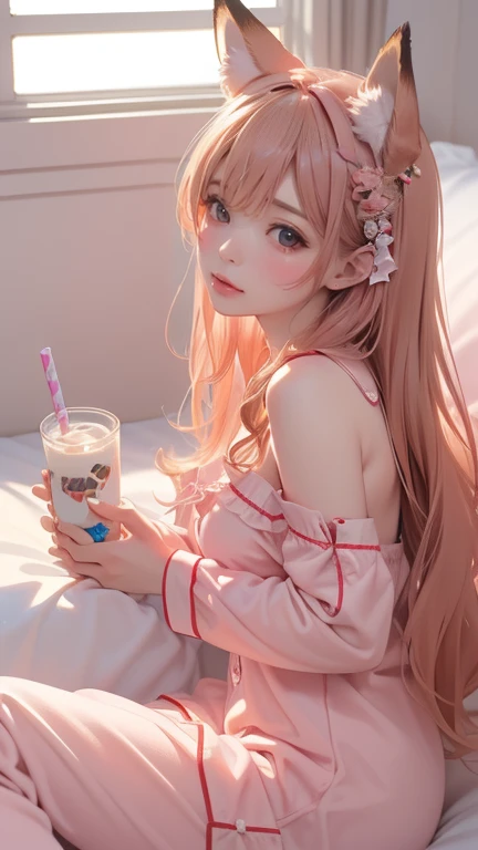 ((The best，masterpiece，（top quality、【8k、【32K、masterpiece,) (masterpiece, 1 girl, Lying in bed, Sexy pajamas, Fox ears, Drink milk, watch TV, live streaming, chat window, side camera