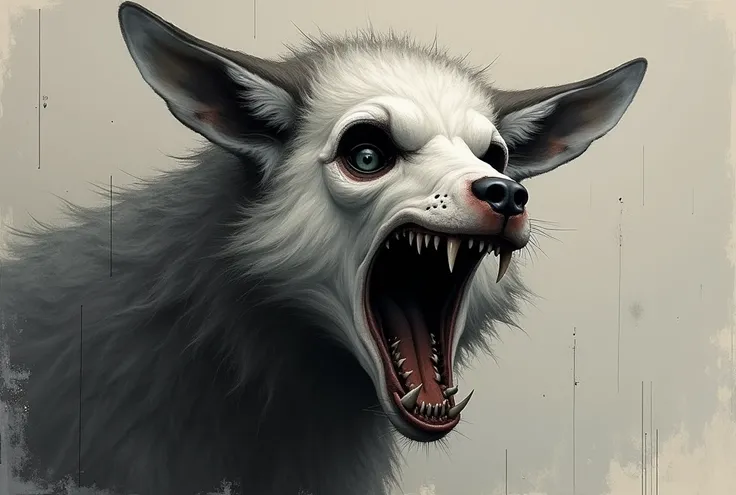 A highly detailed **illustration portrait** of a **wolf-lamb hybrid** with an eerie, **skull-like face**. The composition features a **gray theme** with an intense expression of a **scream**, and **empty eyes** that add to the haunting nature of the image....