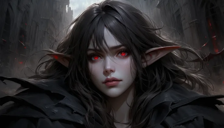 vampires Ultra Realistic Dark Weather, Have big eyes and ears, Lips that are easy to identify, Easy-to-identify faces, Mouth closed, Melancholy and realistic mood, Red eyes 