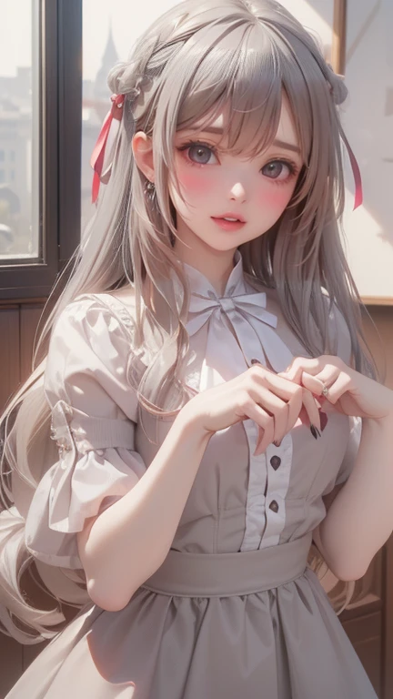 ((The best，masterpiece，（top quality、【8k、【32K、masterpiece,) (masterpiece, Character table, clothes sheets, young girl, , Ribbon, Long gray hair, long nails white, evil smile, pale