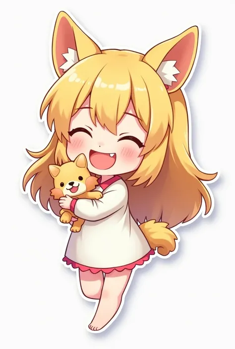 Digital 2D art stickers in chibi style, The blonde is holding a dog, I&#39;m happy,Wearing a white dress,Simple Background, Vibrant colors, Minimal, cute, fun, Playful, high detail, Very detailed, 4K, Sharp focus, DIGITAL PAINTING, figure, anime, Manga, cu...