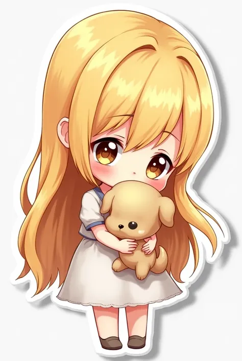 Digital 2D art stickers in chibi style, The blonde is holding a dog, Sad,Wearing a white dress,Simple Background, Vibrant colors, Minimal, cute, fun, Playful, high detail, Very detailed, 4K, Sharp focus, DIGITAL PAINTING, figure, anime, Manga, cute,High im...