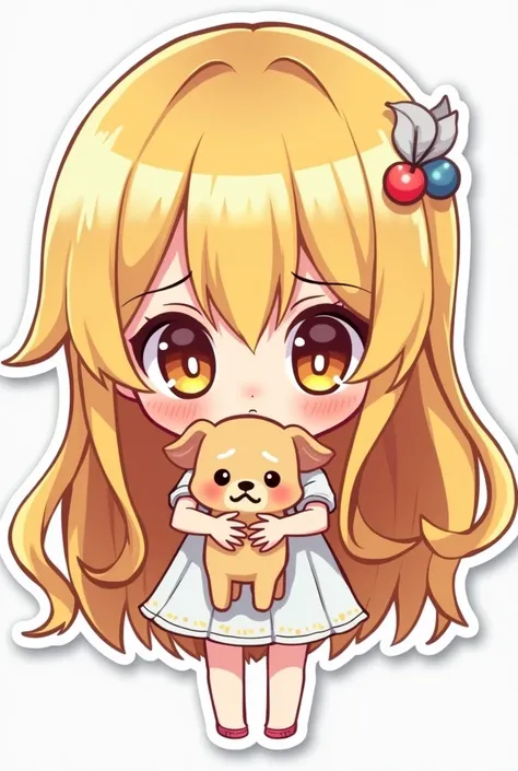 Digital 2D art stickers in chibi style, The blonde is holding a dog, Sad,Wearing a white dress,Simple Background, Vibrant colors, Minimal, cute, fun, Playful, high detail, Very detailed, 4K, Sharp focus, DIGITAL PAINTING, figure, anime, Manga, cute,High im...