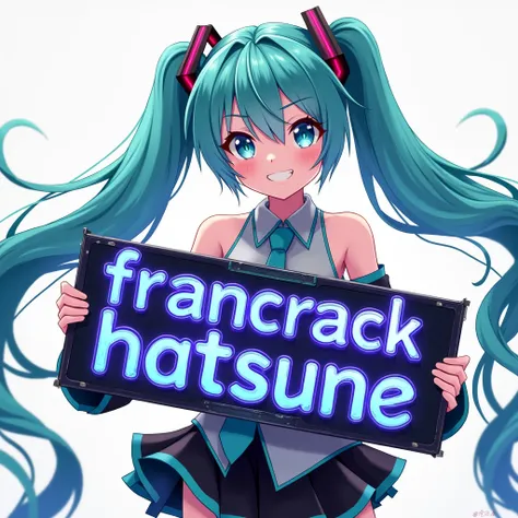 Draw Hatsune Miku carrying in her arms a sign that says Francrack Hatsune in metallic blue with metallic red edges