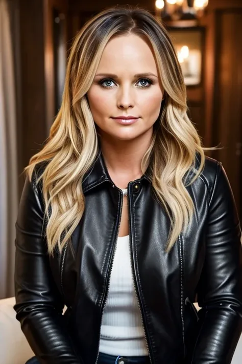 Miranda lambert, , 30 years old, milf, face portrait, long hair, wearing silky black tight leather jacket over sweater, chubby, cozy home