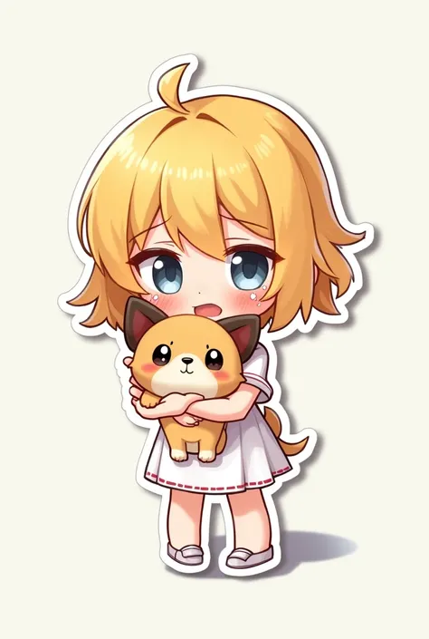 Digital 2D art stickers in chibi style, The blonde is holding a dog, Crying,Wearing a white dress,Simple Background, Vibrant colors, Minimal, cute, fun, Playful, high detail, Very detailed, 4K, Sharp focus, DIGITAL PAINTING, figure, anime, Manga, cute,High...