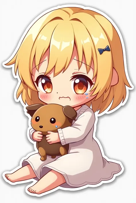 Digital 2D art stickers in chibi style, The blonde is holding a dog, Crying,Wearing a white dress,Simple Background, Vibrant colors, Minimal, cute, fun, Playful, high detail, Very detailed, 4K, Sharp focus, DIGITAL PAINTING, figure, anime, Manga, cute,High...