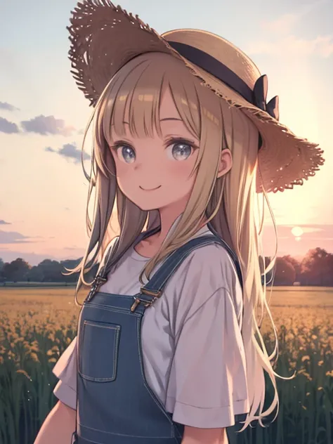 One Girl、Standing in the field、harvest、Upper Body、Overalls、Straw hat、smile、Sunset sky、sun