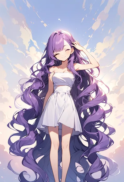 upright, A girl,Solitary, Purple hair, Very long hair, Wavy hair, Side bangs, Broken hair, Smile, Tube Top Dress, Sleeveless standing，Slightly tilt your head, one eye closed