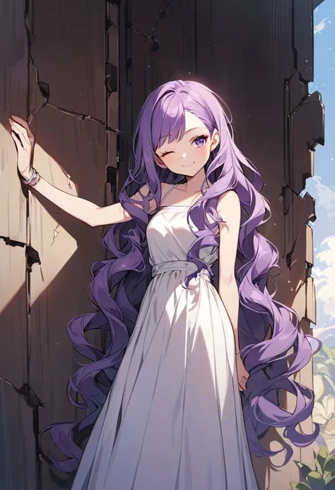 upright, A girl,Solitary, Purple hair, Very long hair, Wavy hair, Side bangs, Broken hair, Smile, Tube Top Dress, Sleeveless standing，Slightly tilt your head, one eye closed