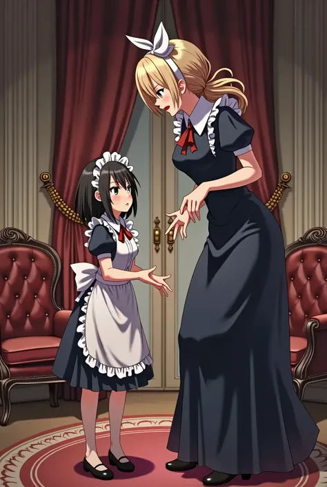 2 girls, one Short petite maid being scolded by her mistress who is bullying her, first girl looks embarrassed, lifelike