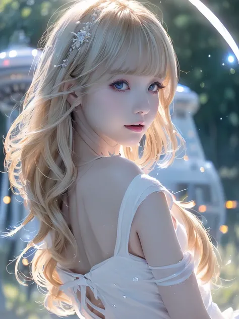 ((highest quality)), ((masterpiece)), (high resolution photos), (beautiful girl), (blonde), (bangs), light eyeshadow, (pointy br...