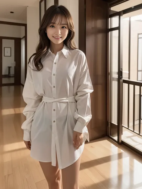 Cowboy Shot, 
break, 
((Plain oversized long sleeve shirt:1.2)), ((shirt over naked:1.2)), 
break, 
View your viewers, Japanese female university student, (One Woman:1.2), She is very beautiful, Glowing Skin, Perfect Face, Cute and symmetrical face, 
break...