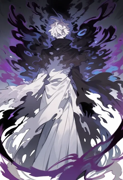 anime, man god gray silhouette with aura around the entire body burnt purple with various colors with white eyes mouthless spirit, 4k masterpiece, extremely detailed