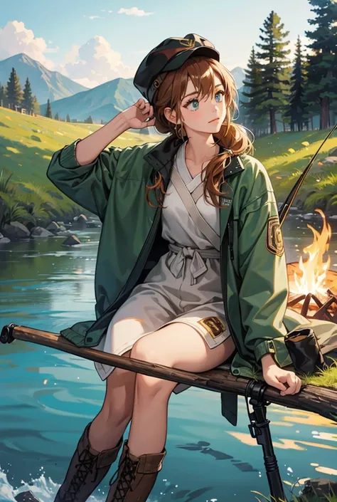 A girl sitting on the riverbank fishing with a fishing rod, fishing rod, river, 1girl, long hair, hair braided in a low ponytail, caramel hair, turquoise eyes, jacket, sweatpants, boots, hat, tent, bushes, campfire, masterpiece, best quality, accuracy, HD ...