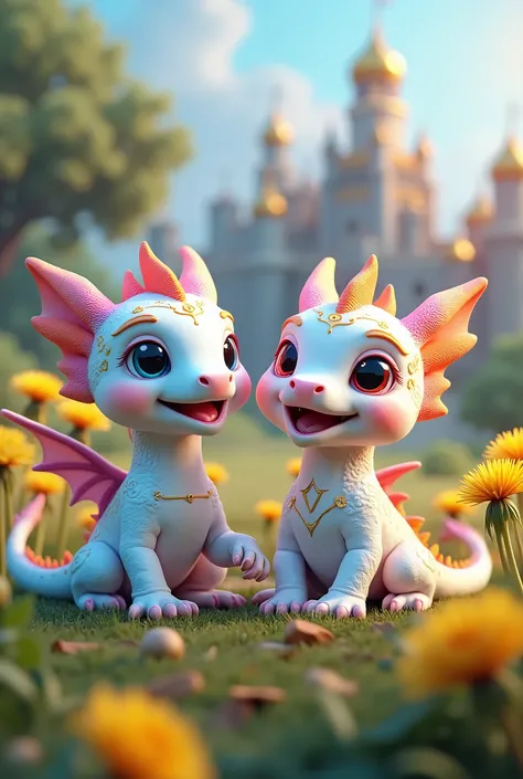 Two baby dragons. Chameleon color.  neon glow .  Bright magical little white tiny beautiful baby dragon with pink eyes. With beautiful scales. Decorations. The paws are soft. smiling . Opened their mouths.Ukrainian symbols. sitting in large dandelions Coss...