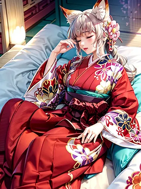 Anime, girl, woman, teenager, hakama, furisode, long hakama, floral pattern kimono, fox, fox ears, fox tail, big ears, big tail, Sleeping woman, sleeping face